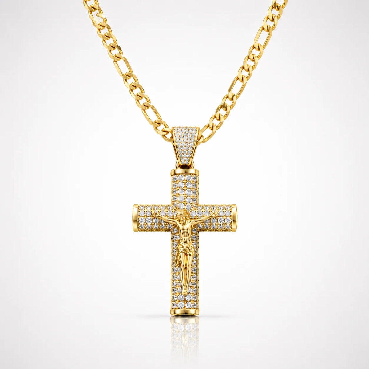 14K Gold Figaro Crucifix Chain